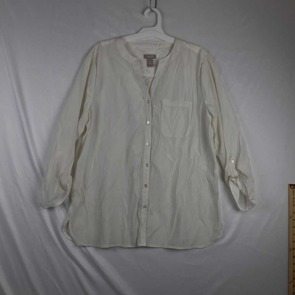 Chicos Button Down Shirt Womens 2 Ivory Cream Sheer Roll Tab Blouse 4501072972